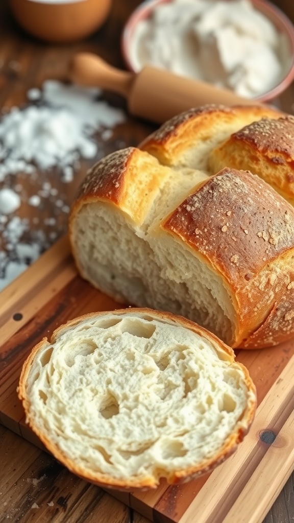 Homemade Artisan Bread Recipe Golden crusty artisan bread loaf on a wooden cutting board, with slices revealing soft interior.